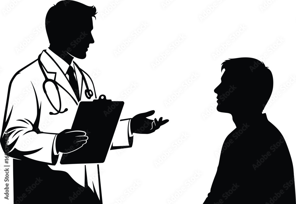 Fototapeta premium Silhouette of a doctor consulting with a patient, providing medical advice and healthcare