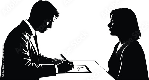 Silhouette of a job interview with a candidate filling out an application form