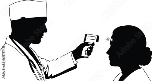 Doctor using infrared thermometer to check patients temperature, a medical procedure for fever detection and health screening in a clinic or hospital