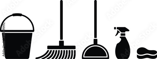 Collection of household cleaning supplies icons in a simple silhouette style