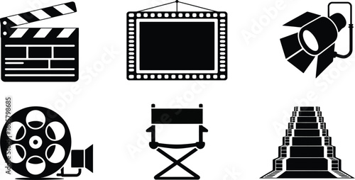 Collection of film industry icons featuring cinema equipment and symbols silhouette