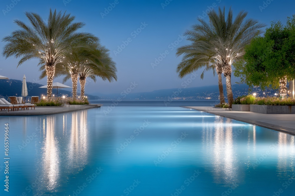 Fototapeta premium Tranquil evening poolside scene with palm trees and ocean view