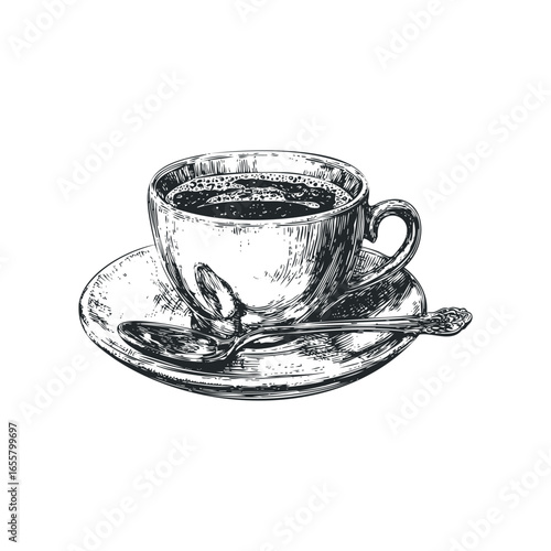 Detailed sketch of a coffee cup and saucer with spoon