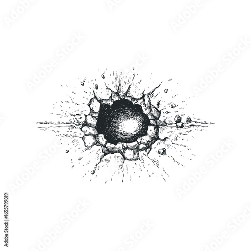 Ink drawing of a hole in a surface with splashes and debris