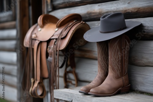 Cowboy boots and hat with western saddle against rustic wooden wall