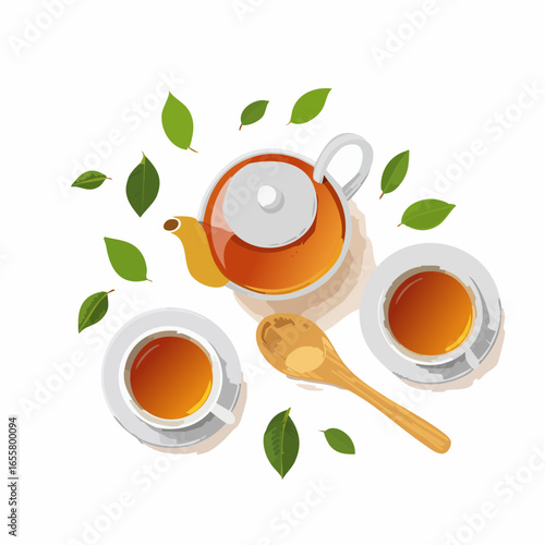 Teapot, cups of hot tea and spoon with dry leaves