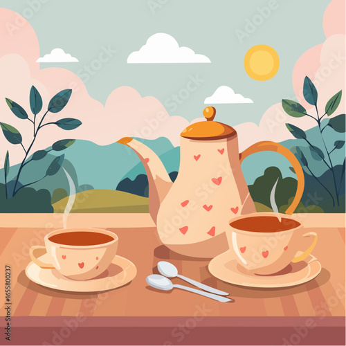 Teapot, cups of hot tea and spoon with dry leaves