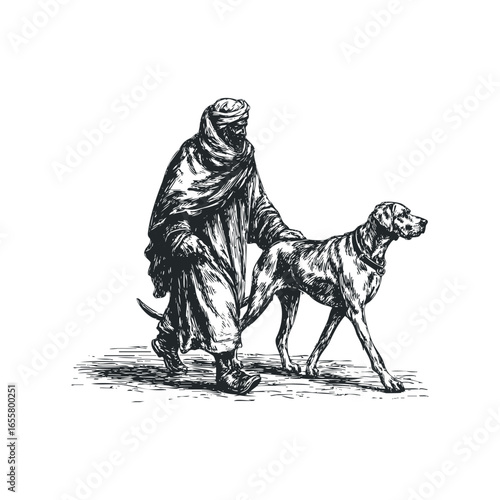 Man in traditional robe with turban walks with a hunting dog
