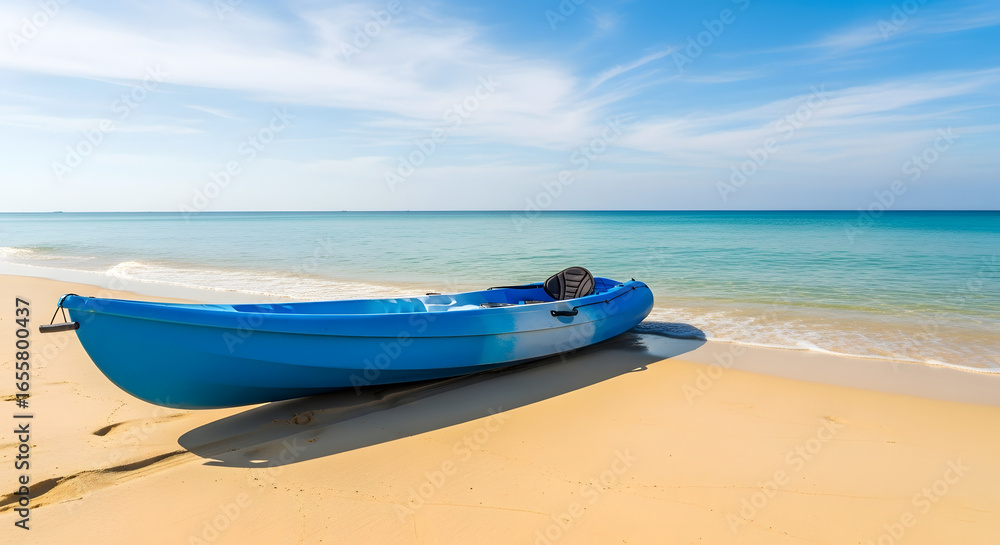 A serene escape awaits with this vibrant blue kayak resting gently on the golden sands of a tropical beach, under a tranquil sky, promising adventure and relaxation on the horizon for the perfect day A serene escape awaits with this vibrant blue kayak resting gently on the golden sands of a tropical beach, under a tranquil sky, promising adventure and relaxation on the horizon for the perfect day