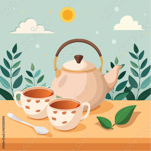 Teapot, cups of hot tea and spoon with dry leaves