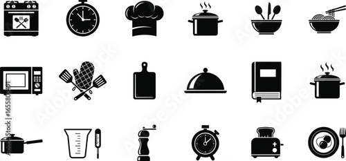 Cooking and kitchen utensils icon set, chef hat, stove, microwave, saucepan, pot, serving dish, food preparation, restaurant, culinary tools illustration