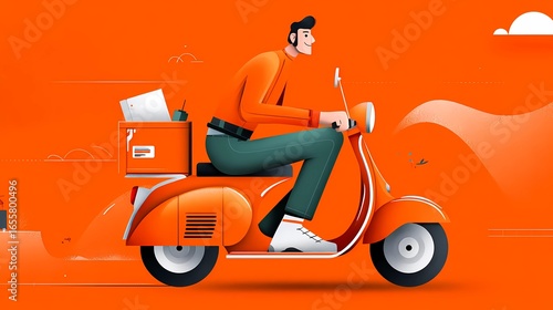 Courier in motion on a compact e-scooter, delivering goods swiftly in a modern city setting.