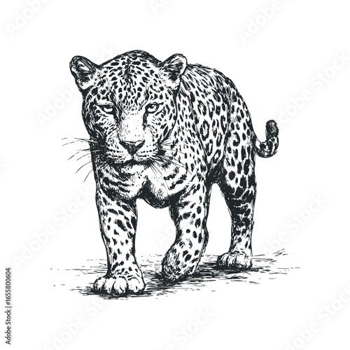 Detailed sketch of a stalking leopard in black ink