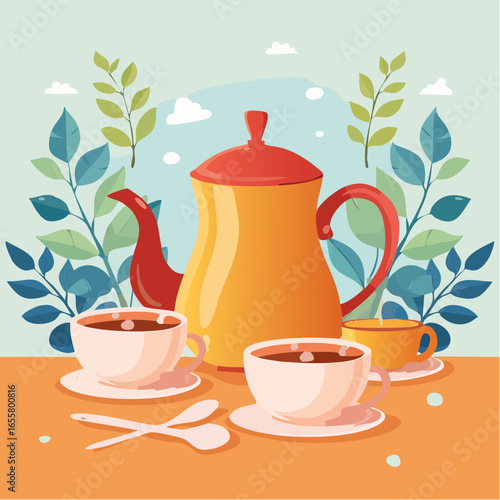Teapot, cups of hot tea and spoon with dry leaves