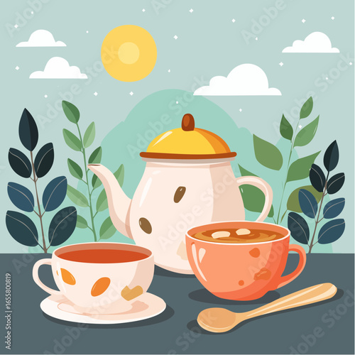 Teapot, cups of hot tea and spoon with dry leaves