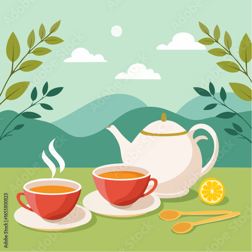 Teapot, cups of hot tea and spoon with dry leaves
