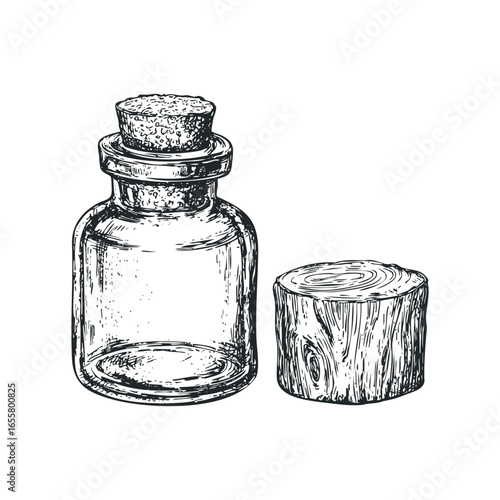 Empty glass vial with cork stopper and textured wood slice