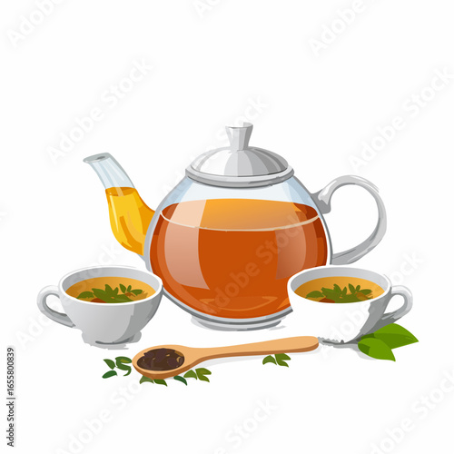 Teapot, cups of hot tea and spoon with dry leaves