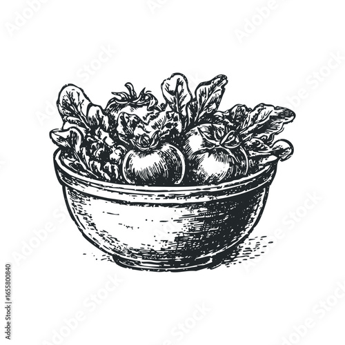 Hand-drawn sketch of fresh tomatoes and leafy greens in a bowl