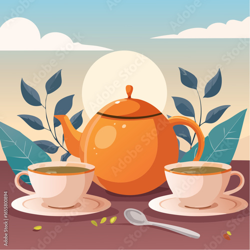 Teapot, cups of hot tea and spoon with dry leaves