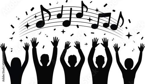 Dynamic party scene with dancing figures and musical elements silhouette