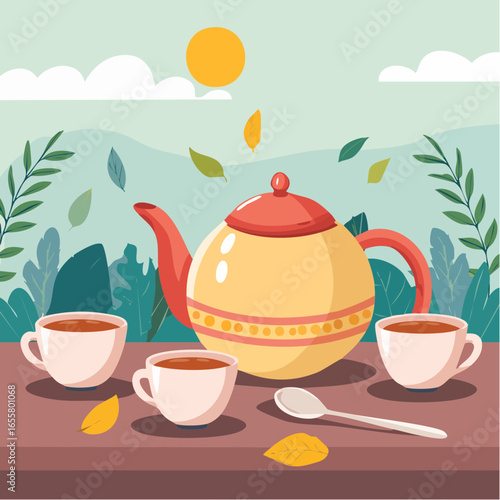 Teapot, cups of hot tea and spoon with dry leaves