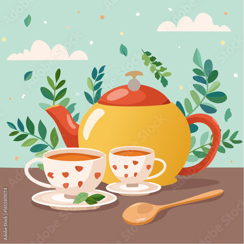 Teapot, cups of hot tea and spoon with dry leaves