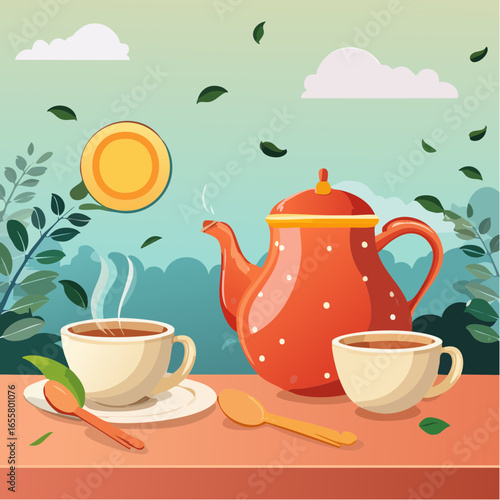 Teapot, cups of hot tea and spoon with dry leaves
