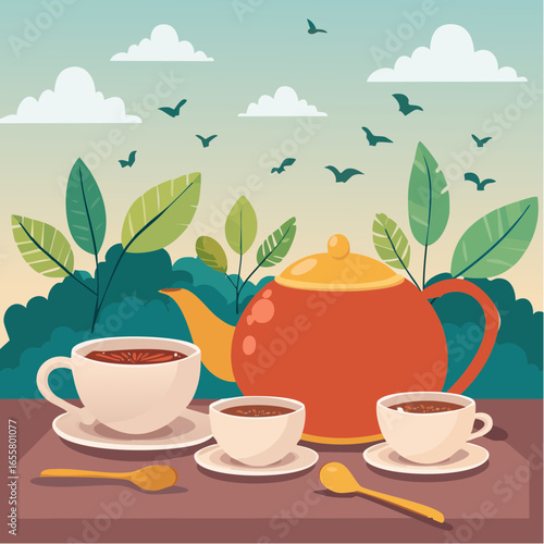 Teapot, cups of hot tea and spoon with dry leaves