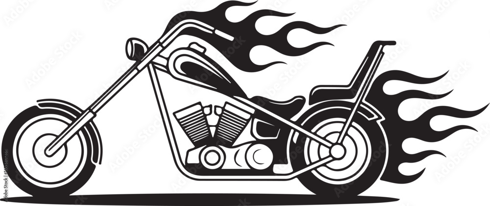 Fototapeta premium Flaming Skull Biker Silhouette Riding Motorcycle | Skeleton Rider Horror Vector Illustration