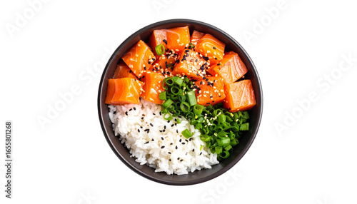 Salmon Poke Bowl with Rice and Sesame Seeds, Isolated on Transparent Background, Top View