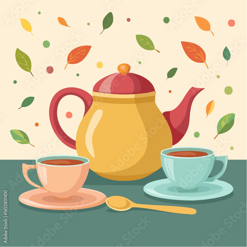 Teapot, cups of hot tea and spoon with dry leaves