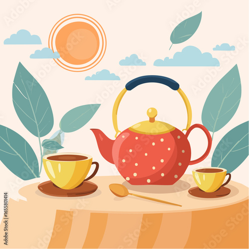 Teapot, cups of hot tea and spoon with dry leaves