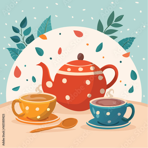 Teapot, cups of hot tea and spoon with dry leaves