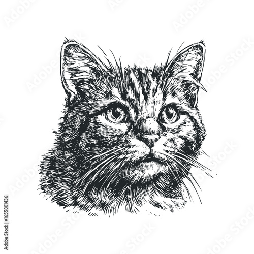 Detailed Sketch of a Tabby Cat Face on a White Background