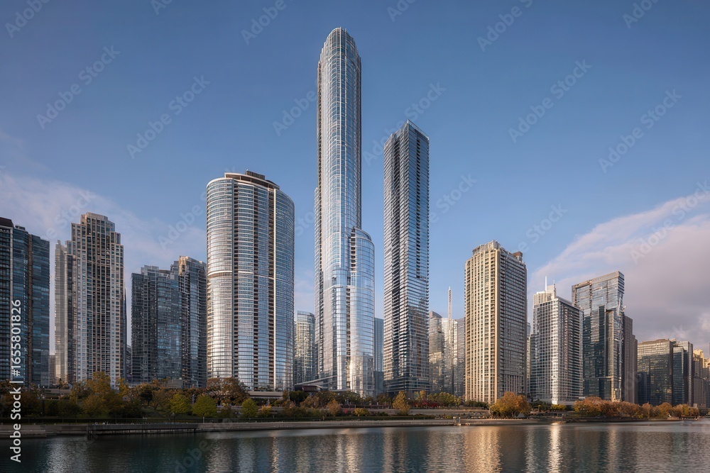 Fototapeta premium Modern Skyscrapers Reflecting on Water in Urban City Landscape