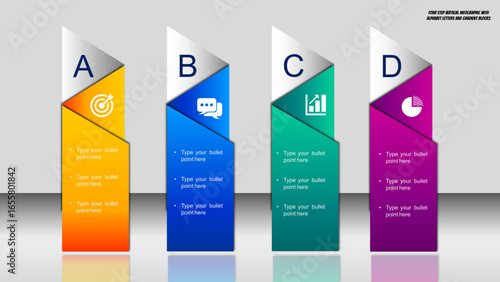 Four Step Vertical Infographic Design with Alphabet Letters A B C D, Colorful Gradient Blocks, Business Icons, and Bullet Points – Timeline, Workflow, Process Chart, and Strategy Presentation Template