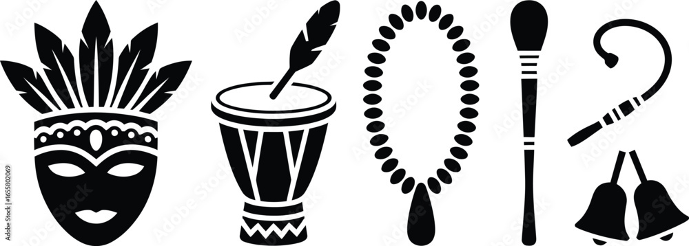 Fototapeta premium Collection of ritual and tribal object icons featuring abstract geometric patterns and symbols silhouette