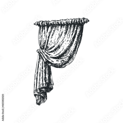 Hand-drawn Sketch of a Draped Curtain Tied Back with a Cloth Band