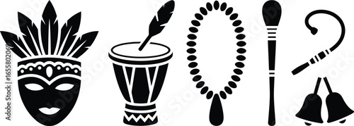 Collection of ritual and tribal object icons featuring abstract geometric patterns and symbols silhouette