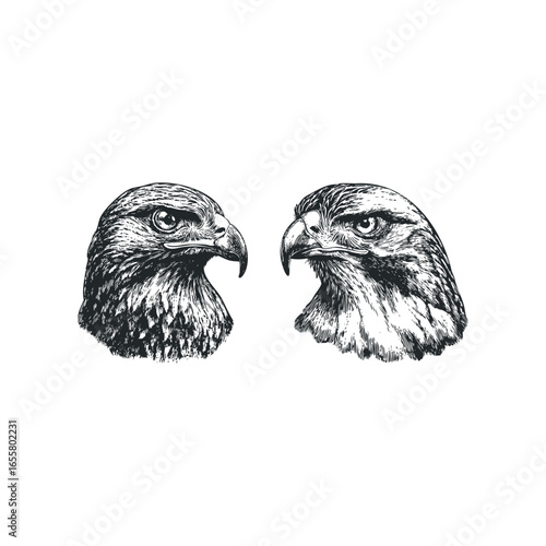 Two Majestic Falcon Heads Facing Each Other in Detailed Sketch