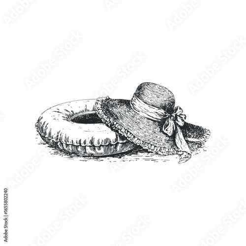 Hand-drawn illustration of a floppy straw hat resting on an inflatable ring