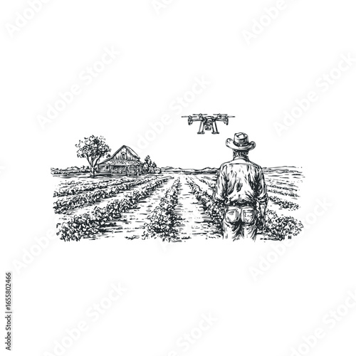 Farmer supervises drone surveying crops in agricultural field near barn