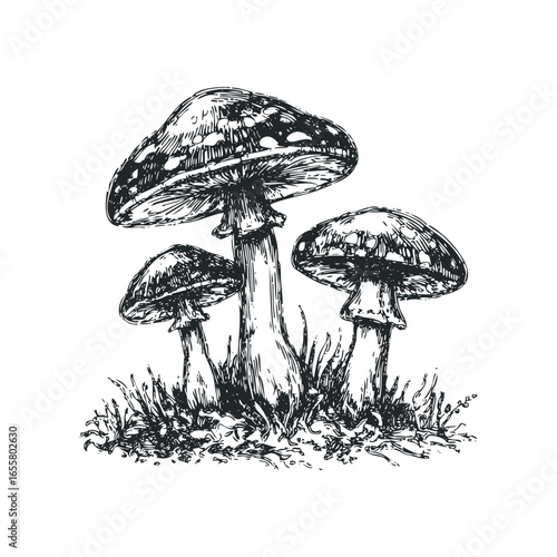 Vintage botanical sketch of three forest mushrooms, cut out transparent