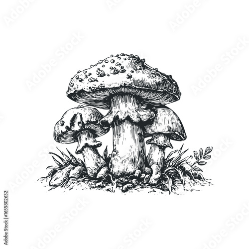 Group of three detailed ink sketch mushrooms with foliage