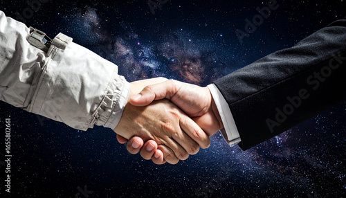 Cosmic Agreement: A surreal handshake merges a spacesuit-clad hand with a business-clad hand, set against the backdrop of the galaxy, symbolizing innovation and collaboration between two worlds.