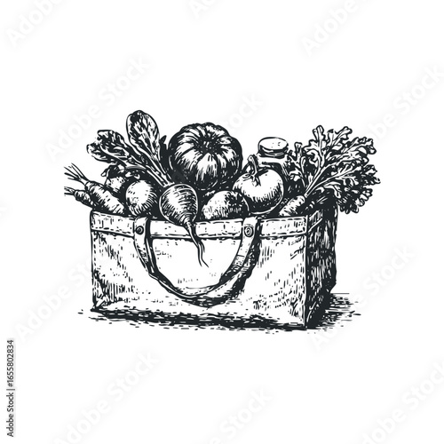 Market tote bag overflowing with fresh produce and jar of preserved food