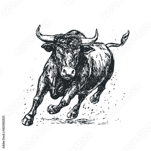 Powerful black and white sketch of a charging bull with aggressive stance