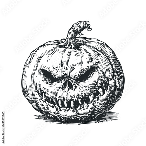 Scary Jack-o-Lantern Face Carved into Pumpkin with Sharp Teeth and Evil Eyes