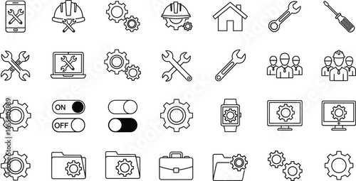 Engineering tools icons, settings gear symbols, repair maintenance illustration, construction worker, technology service, computer system, mobile app configuration, business support